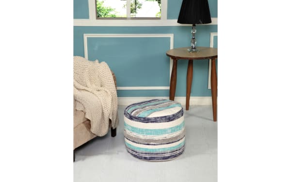 Contemporary Swanson Blue Pouf with striped blue and gray cotton fabric upholstery, handmade in India, featuring soft EPS filling for versatile home seating.