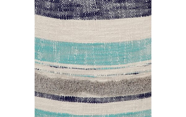 Contemporary Swanson Blue Pouf with blue, white, and gray cotton fabric stripes, handmade in India, featuring textured and woven patterns.