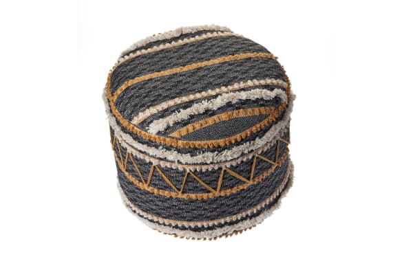 Reyna Black Pouf in contemporary style, hand-crafted cotton fabric with black, white, and brown geometric patterns and textured stripes.