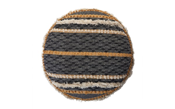 Round Reyna Black Pouf with contemporary black, white, and brown striped pattern, handwoven 100% cotton fabric for comfort and support