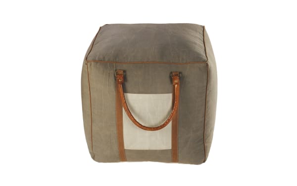 Bellagio Gray Pouf in industrial style, made of 100% cotton fabric in gray with ivory and brown accents, featuring a square shape and leather handles.