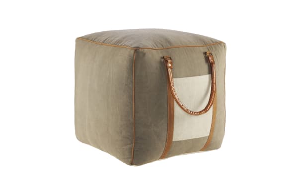 Bellagio Gray Pouf in gray cotton fabric with ivory pocket and brown leather handles, industrial style ottoman for seating or footrest.