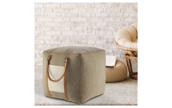 Bellagio Gray Pouf in industrial style, made of 100% cotton fabric with gray, ivory, and brown tones, featuring a stylish border and leather handles.