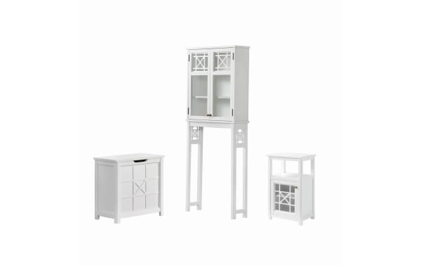 Austin 4 Piece White Bathroom Storage Set in transitional style, made of pine solids and MDF, featuring gridwork details and a lift-top hamper.