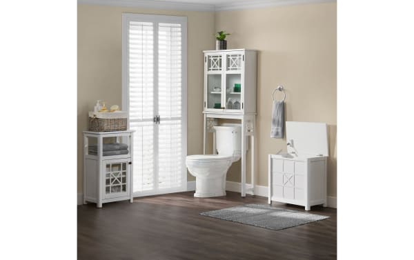 Austin 4 Piece White Bathroom Storage Set in transitional style with pine solids and MDF, featuring gridwork detail, lift-top hamper, and open shelving.