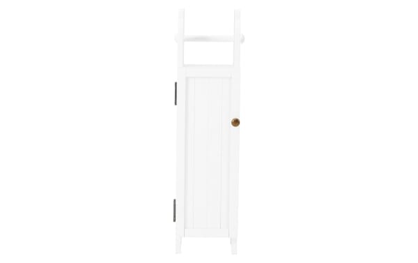 Norman 28'' white solid wood freestanding bathroom cabinet in transitional style with narrow vertical door, brass knob, and top paper dispenser, made of pine solids and MDF, moisture-resistant for bathroom use.