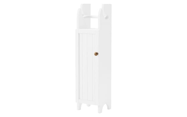 Norman 28'' white solid wood freestanding bathroom cabinet in transitional style, made of pine solids and MDF, with a narrow door and top toilet paper holder.