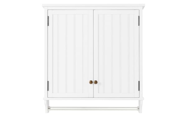 Norman White Solid Wood Bathroom Wall Cabinet with Towel Bar, transitional style, pine solids and MDF, moisture-resistant, two paneled doors, bronze knobs, white finish.