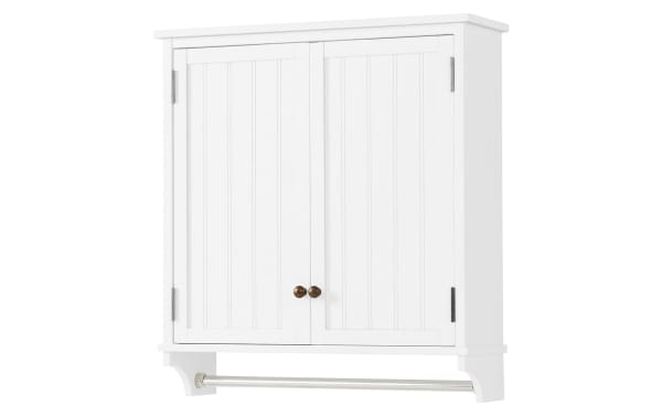 Norman White Solid Wood Bathroom Wall Cabinet with Towel Bar, transitional style, pine solids and MDF, moisture-resistant white finish, two paneled doors with bronze knobs, and a stainless steel towel rod.
