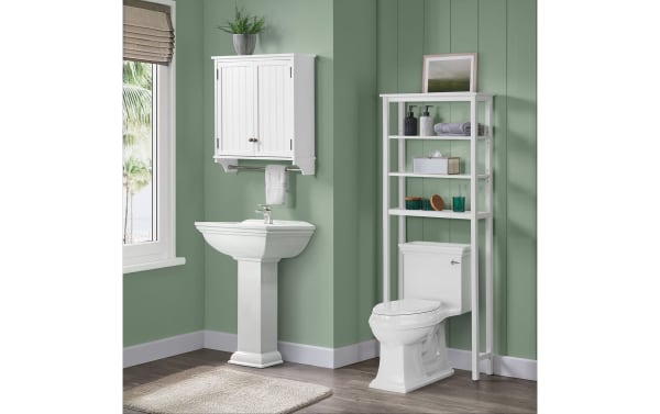 Norman White Solid Wood Bathroom Wall Cabinet with Towel Bar in transitional style, made of pine solids and MDF, moisture-resistant white finish, two cabinet doors, and integrated towel rod.