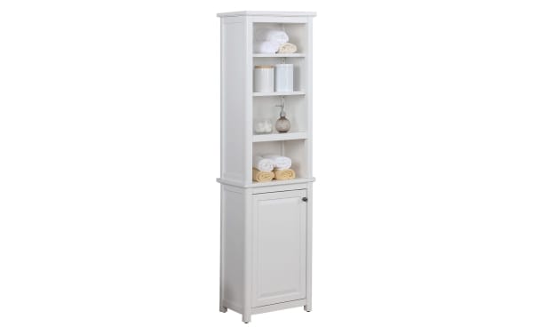 Yukon 65'' white solid wood freestanding bathroom cabinet with pine solids, MDF, transitional style, open shelves, and lower storage door.