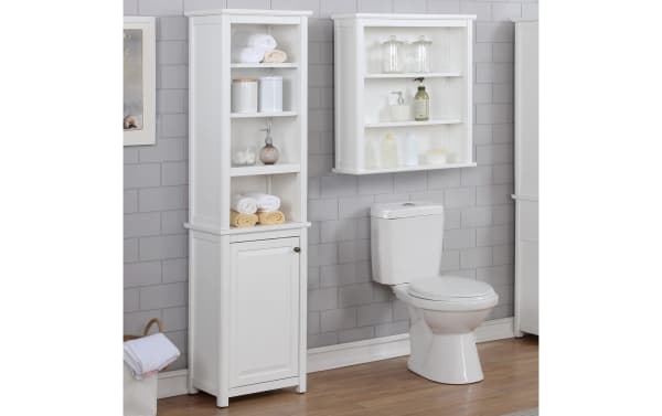 Yukon 65'' white solid wood freestanding bathroom cabinet in transitional style with pine solids and MDF, featuring open shelves and a lower cabinet door for concealed storage.
