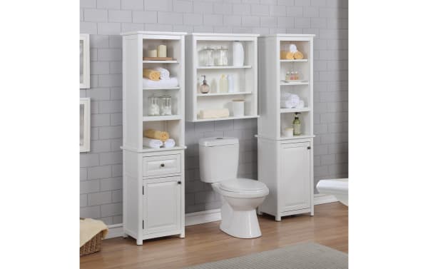 Yukon 65'' White solid wood freestanding bathroom cabinet set in transitional style, made of pine solids and MDF, with shelves, drawer, and cabinet for storage and display.
