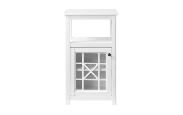 Austin 29" white solid wood freestanding bathroom cabinet in transitional style with pine solids, MDF, and gridwork glass door for storage.