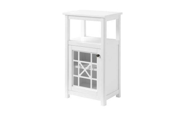 Austin 29'' white solid wood freestanding bathroom cabinet in transitional style, pine solids and MDF with glass door gridwork for storage.