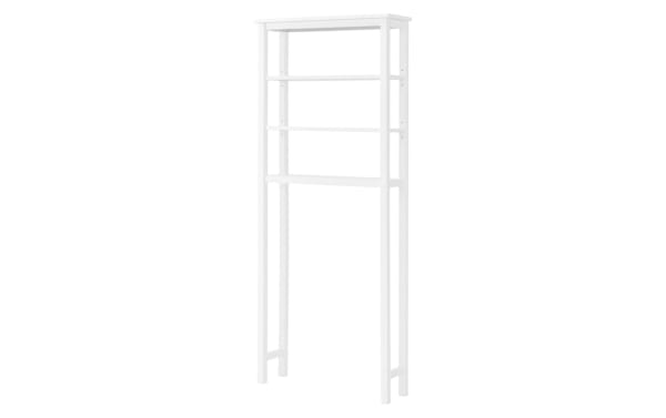 Norman 65'' white solid wood over-the-toilet bathroom shelf with three open shelves, pine solids and MDF, transitional style, moisture-resistant design.