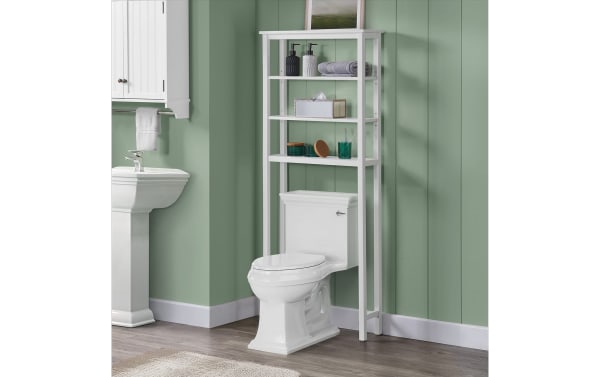 Norman 65'' white solid wood over-the-toilet bathroom space saver shelves in transitional style, made of pine solids and MDF, with three open shelves for toiletries and towels.