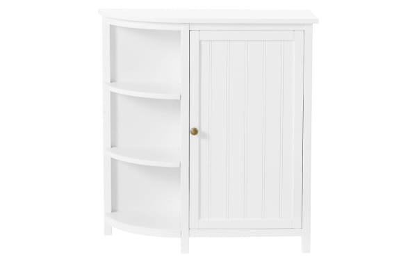 Norman 28'' white solid wood freestanding bathroom cabinet with curved open shelves and a beadboard door, transitional style, pine solids and MDF.