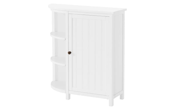Norman 28'' white solid wood freestanding bathroom cabinet with curved open shelving and door, transitional style, moisture-resistant pine and MDF.