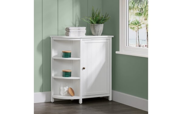 Norman 28'' white solid wood freestanding bathroom cabinet with curved open shelves and a door, pine solids and MDF, transitional style, moisture resistant.