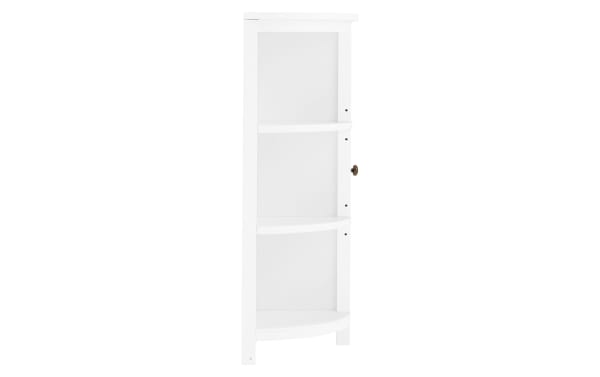 Norman 28'' white solid wood freestanding bathroom cabinet with curved open shelves, door with knob, transitional style, pine solids and MDF.