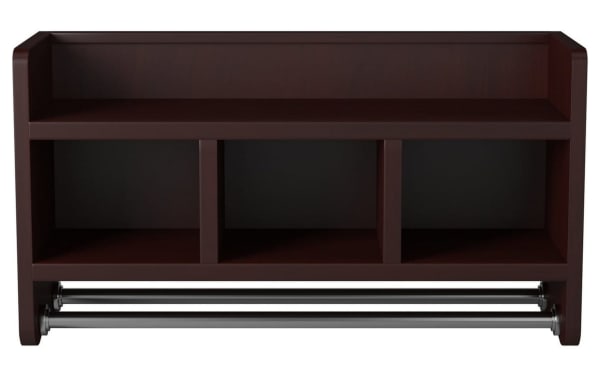 Durant Espresso solid wood bathroom wall shelf with towel bar, transitional style, pine solids and MDF, featuring top shelf with raised edge, three cubbies, and two chrome towel rods for organized storage.