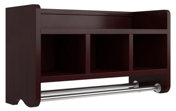 Durant Espresso solid wood bathroom wall shelf with towel bar, transitional style, pine solids and MDF, dark espresso finish, three cubbies, top raised edge shelf, and dual metal towel rods for organized storage.