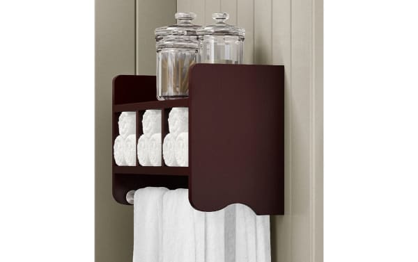 Durant Espresso Solid Wood bathroom wall shelf with towel bar, transitional style, pine solids and MDF, espresso finish, three cubbies and raised-edge top shelf for toiletries.