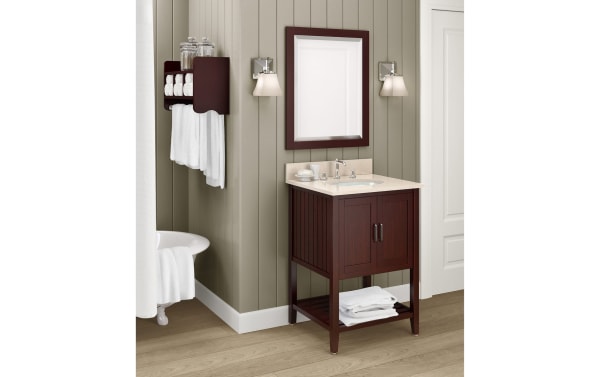 Durant Espresso solid wood bathroom wall shelf with towel bar in transitional style, made of pine solids and MDF, featuring a top shelf with raised edge, three cubbies, and two towel rods for organized storage of toiletries and washcloths.