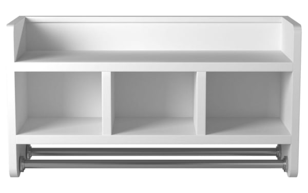 Durant White Solid Wood Bathroom Wall Shelf with Towel Bar, transitional style, pine solids and MDF, features top shelf with raised edge, three cubbies, and two metal towel rods for bathroom organization.