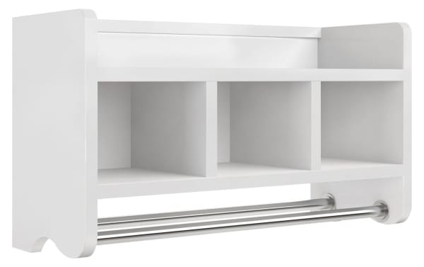 Durant White Solid Wood Bathroom Wall Shelf with Towel Bar, transitional style, pine solids and MDF, features top shelf with raised edge, three cubbies, and two metal towel rods for organized bathroom storage.