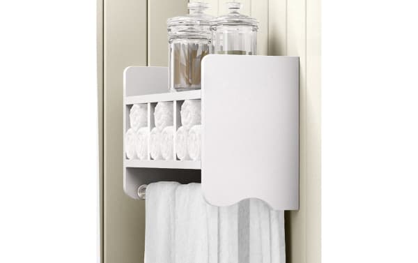 Durant White Solid Wood Bathroom Wall Shelf with Towel Bar in transitional style, made of pine solids and MDF, featuring a raised edge top shelf, three cubbies for washcloths, and two towel rods for organized bathroom storage.