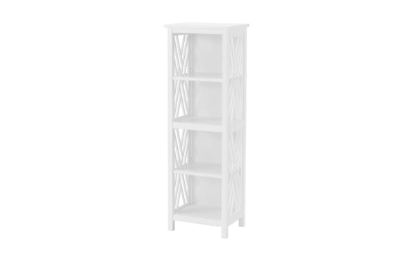 Thatcher 48'' white solid wood freestanding bathroom shelf with four open shelves, decorative side panels, pine solids and MDF, transitional style.