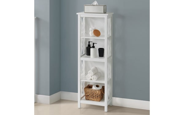 Thatcher 48" white solid wood freestanding bathroom shelf with pine solids and MDF, featuring transitional style, decorative side panels, and moisture-resistant finish.