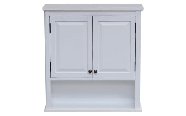 Yukon White Solid Wood Bathroom Wall Cabinet with Shelf, transitional style, pine solids and MDF, featuring two paneled doors and open lower shelf for storage.