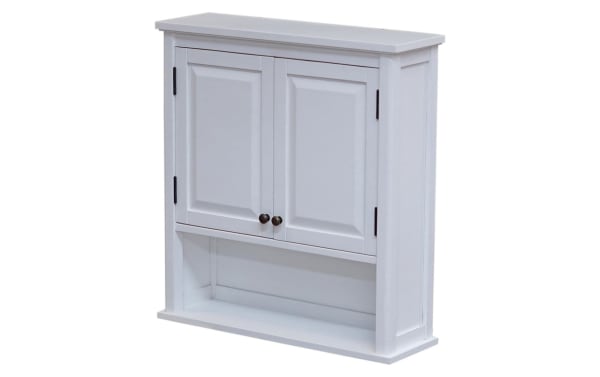 Yukon White Solid Wood Bathroom Wall Cabinet with Shelf, transitional style, pine solids and MDF, two-door storage with open lower shelf for bathroom organization