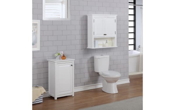 Yukon White Solid Wood Bathroom Wall Cabinet with Shelf, transitional style, pine solids and MDF, two-door storage with open shelf, white finish.