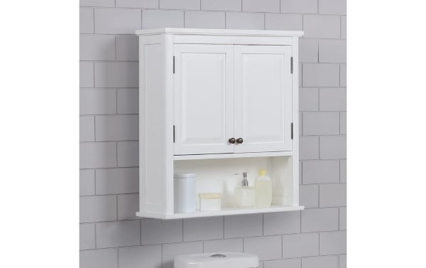 Yukon White Solid Wood Bathroom Wall Cabinet with Shelf, transitional style, pine solids and MDF, features two white paneled doors and open shelf for bathroom storage.
