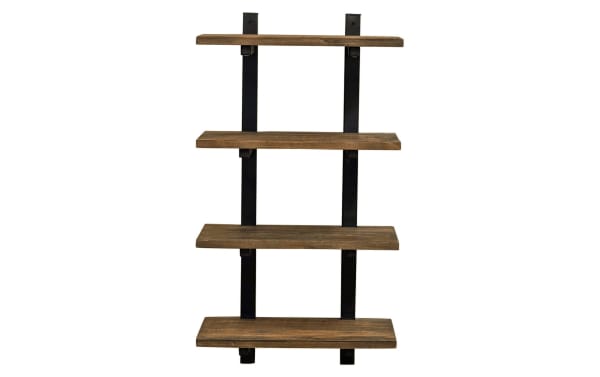 Bixby Brown Solid Wood Bathroom Wall Shelf with four rustic pine wood shelves and black powder-coated steel frame, transitional style storage solution.