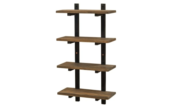 Bixby Brown Solid Wood Bathroom Wall Shelf with four rustic pine wood shelves and black powder-coated steel frame, transitional style storage solution