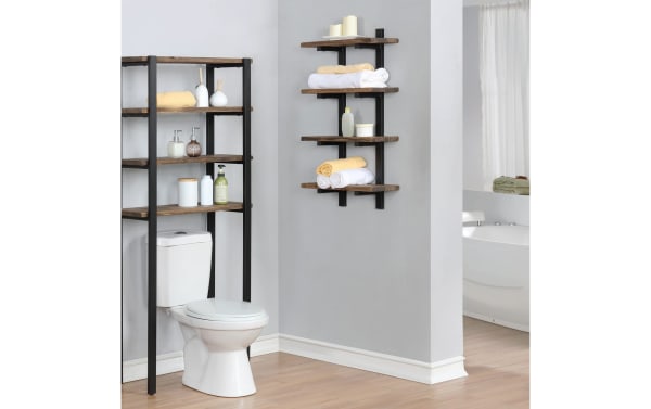 Bixby Brown Solid Wood Bathroom Wall Shelf in transitional style, featuring rustic pine wood shelves and black powder-coated steel frame, mounted above toilet for bathroom storage.