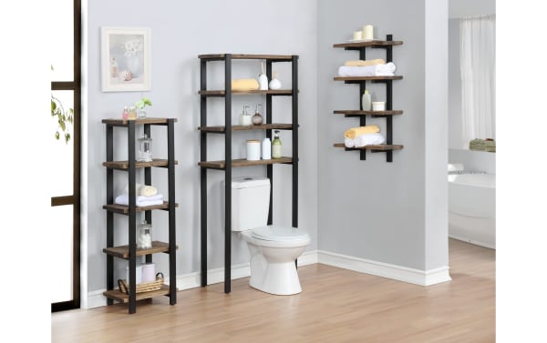 Bixby Brown Solid Wood Bathroom Wall Shelf in transitional style, made of pine solids and black powder-coated steel, offers rustic storage for towels and toiletries.