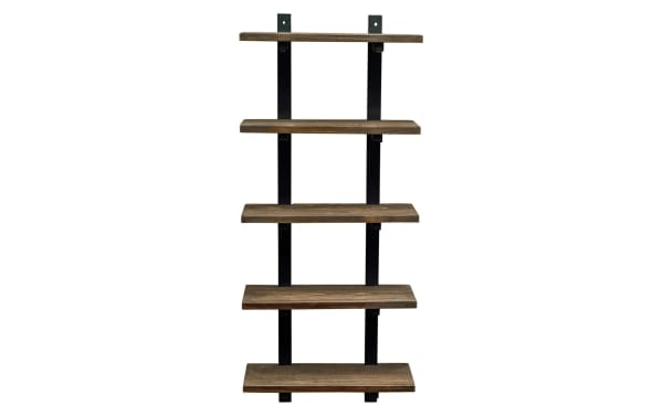 Bixby Brown Solid Wood Bathroom Wall Shelf with five rustic pine wood shelves and black powder-coated steel frame, transitional style storage unit