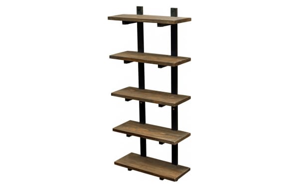 Bixby Brown Solid Wood Bathroom Wall Shelf with five rustic pine wood shelves and black powder-coated steel frame, transitional style storage solution.