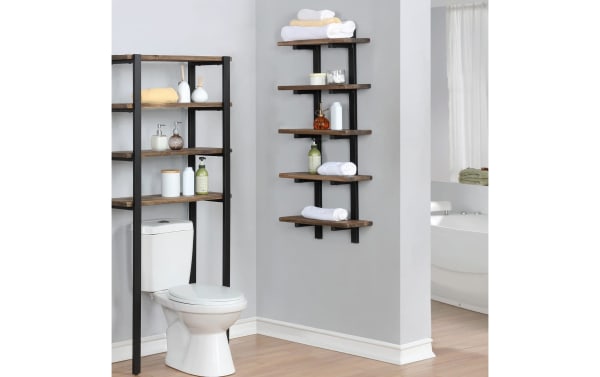 Bixby Brown Solid Wood Bathroom Wall Shelf in transitional style, made of solid pine wood and black powder-coated steel. Rustic brown wood shelves mounted on wall with metal supports, ideal for bathroom storage of towels and toiletries. Part of Bixby collection, combining natural wood tones and industrial metal for a clutter-free bathroom.