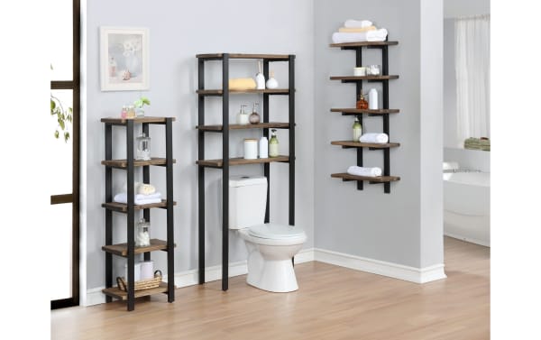 Bixby Brown Solid Wood Bathroom Wall Shelf in rustic brown pine solids with black powder-coated steel frame, transitional style, five-tier storage for towels and toiletries.