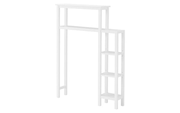 Norman 49'' white solid wood over-the-toilet bathroom shelf system with three open shelves, pine solids and MDF, transitional style, moisture-resistant.
