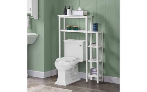 Norman 49'' white solid wood over-the-toilet bathroom shelf system in transitional style, made of pine solids and MDF, moisture-resistant with three open shelves for towels and toiletries.