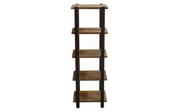 Bixby 48'' brown solid wood freestanding bathroom shelves with five rustic pine wood shelves and black powder-coated steel frame, transitional style.