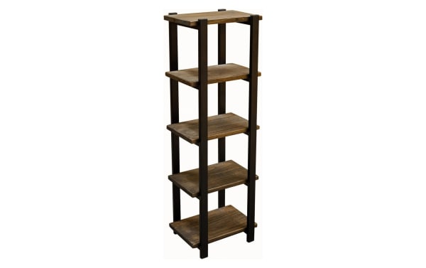 Bixby 48" brown solid pine wood freestanding bathroom shelf with five rustic pine shelves and black powder-coated steel frame, transitional style.